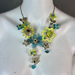 Lalo Necklace Flowers Pop Art Mechanical VTG Y2K Floral Green Blue Rhinestone